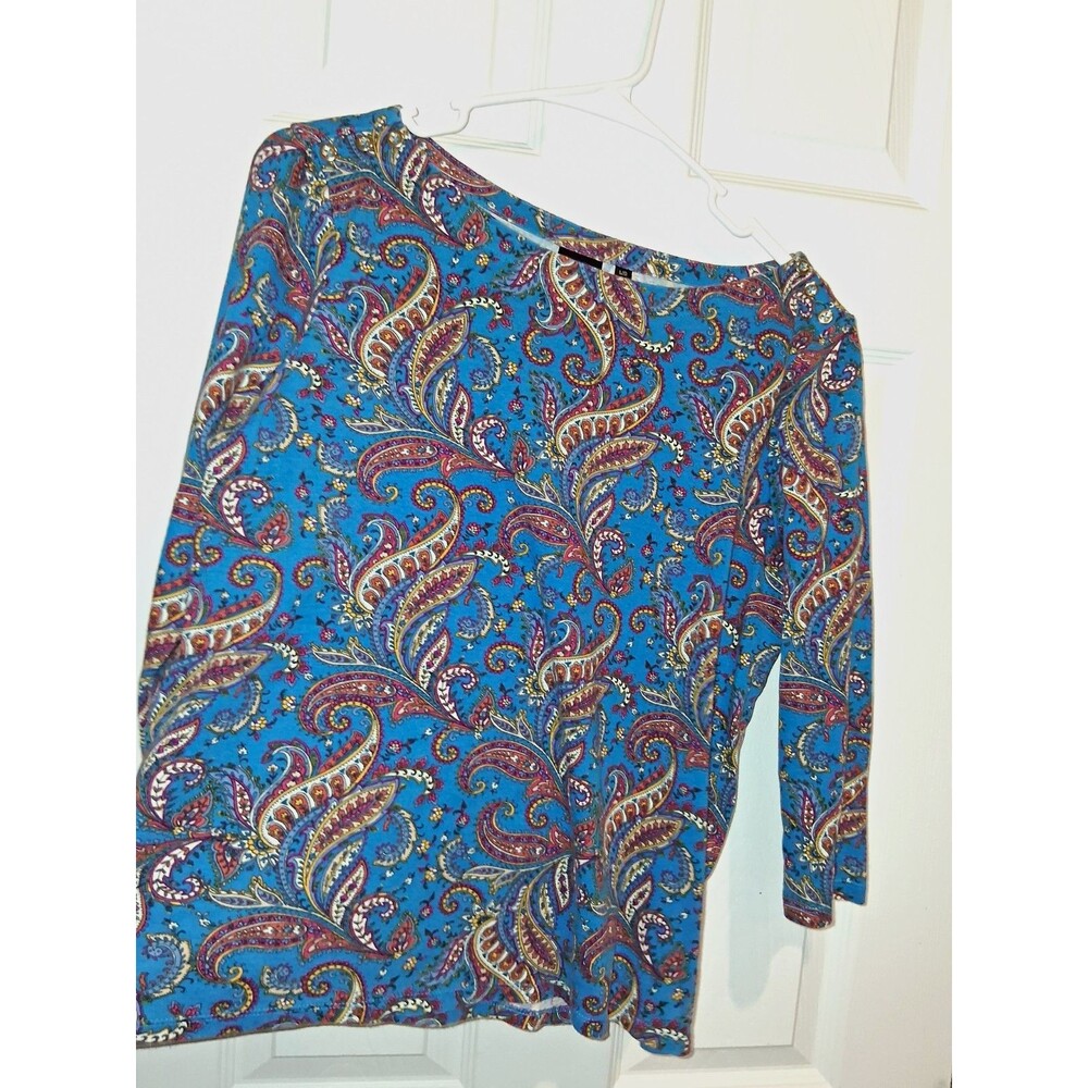 Rafaella Women's Knit Top L Blue Multicolor Paisley Scoop Neck 3/4 Sleeve